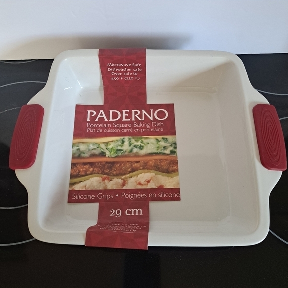 Paderno Porcelain square baking dish, 29cm or 11.4" with silicone grips - Picture 1 of 3